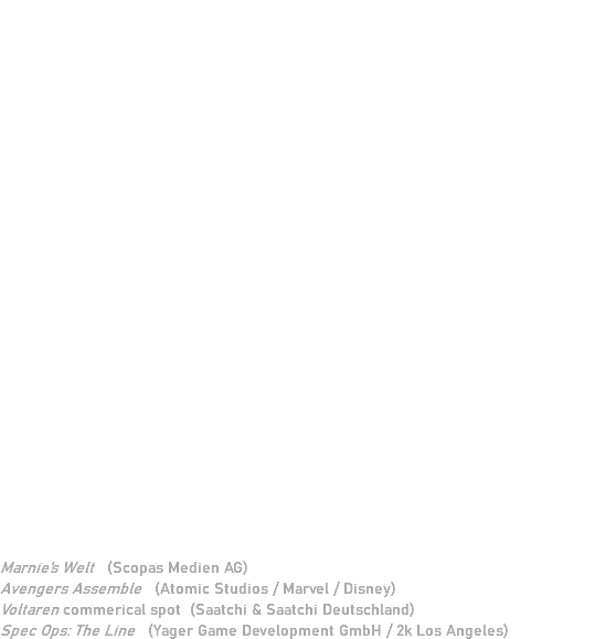  STORYBOARD REEL Containing scenes from: Marnie's Welt (Scopas Medien AG)
Avengers Assemble (Atomic Studios / Marvel / Disney)
Voltaren commerical spot (Saatchi & Saatchi Deutschland)
Spec Ops: The Line (Yager Game Development GmbH / 2k Los Angeles)